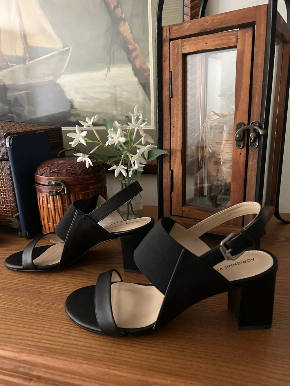 Adrienne Vittadini Black Wide-Strap Slingback Heels
